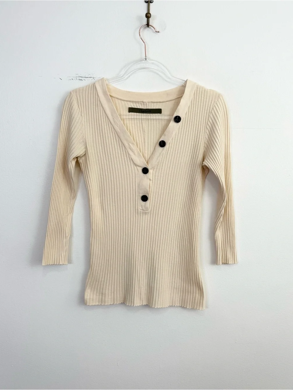 Enza Costa Ribbed Henley Top M Ivory Cotton Blend - Picture 2 of 6